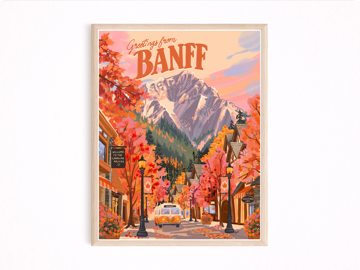 Banff art print, downtown Banff, Alberta travel poster