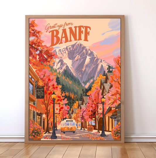 Banff art print, downtown Banff, Alberta travel poster