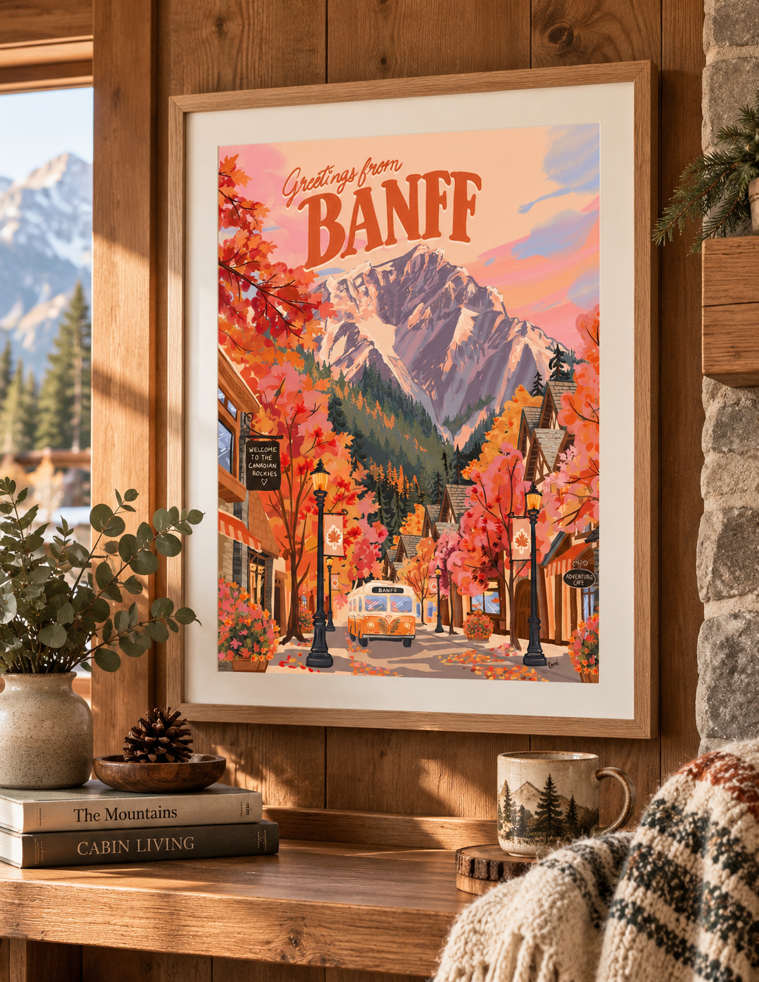 Banff art print, downtown Banff, Alberta travel poster